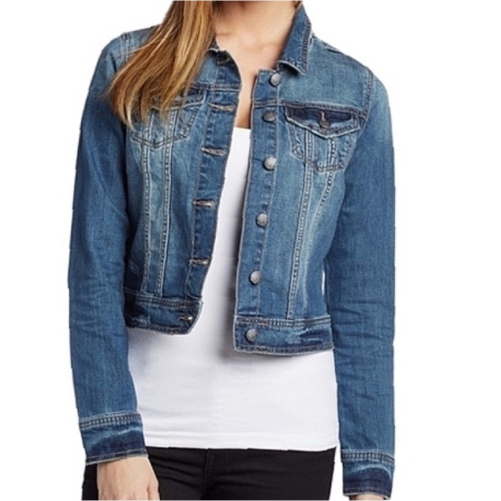 PrAna Denim Cropped Trucker Jean Jacket Blue Dree Distressed Sanded Women XS